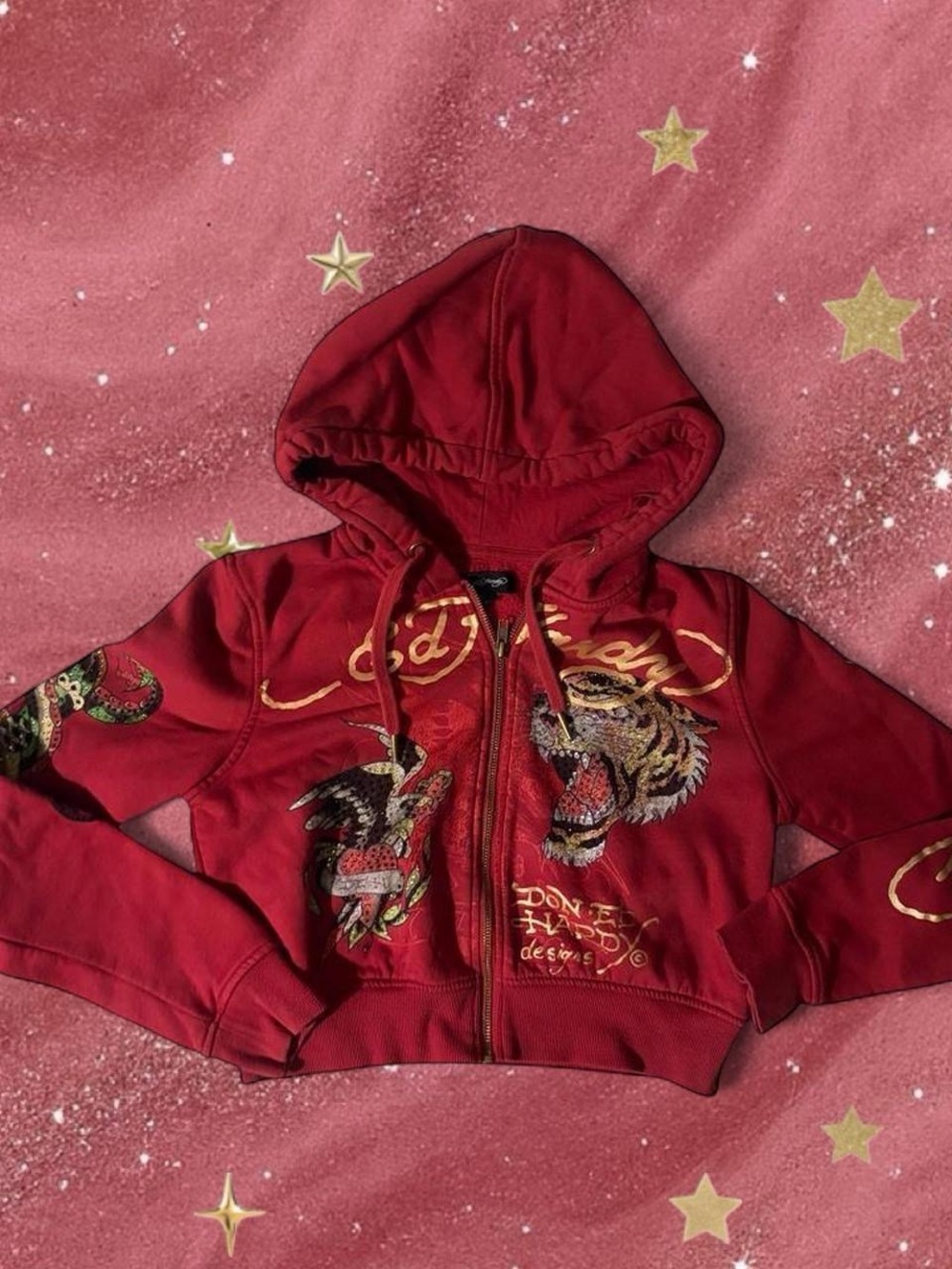 Ed Hardy  Red Embroidered Zip-Up Hoodie